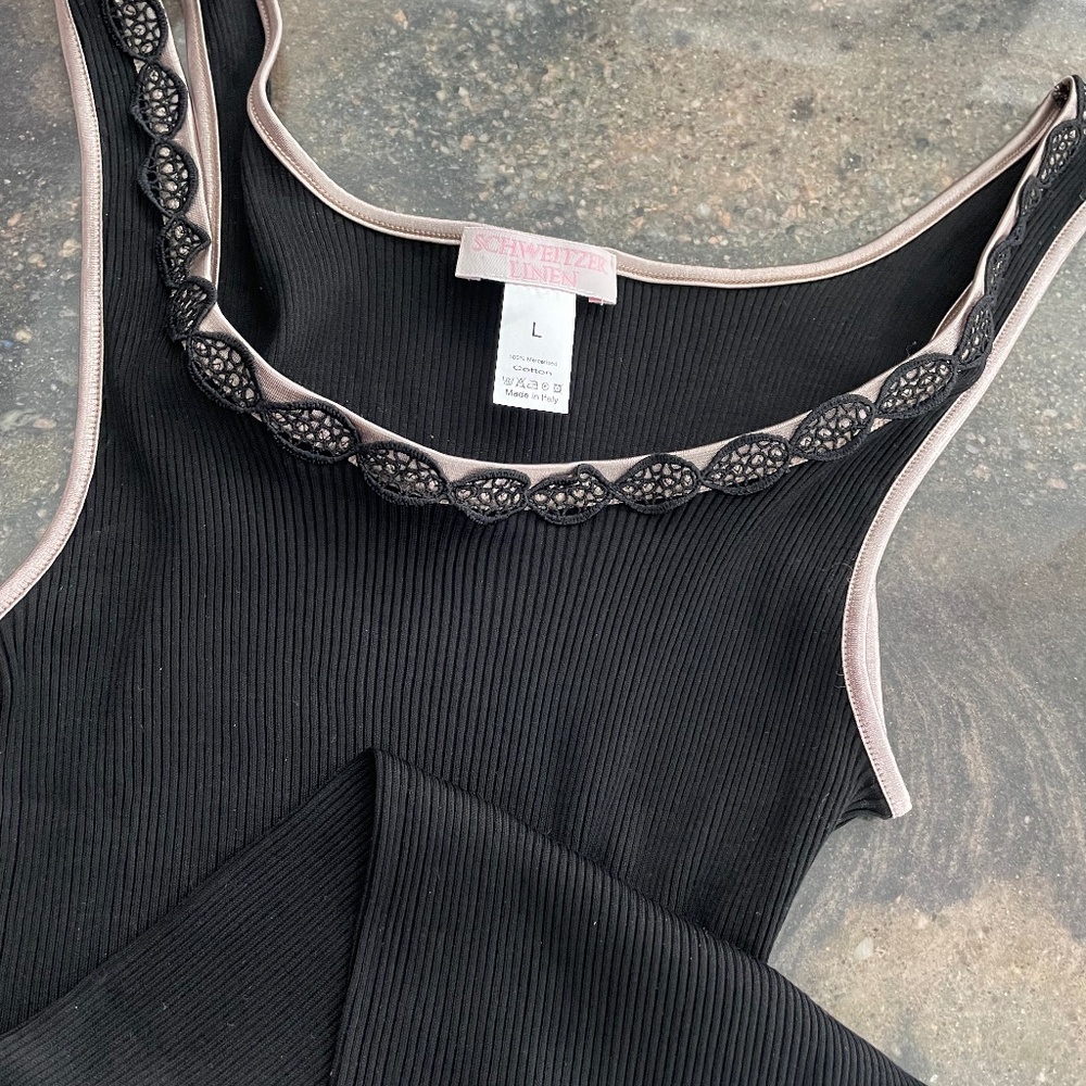 "Stephanie"  All cotton camisole by Schweitzer Linen Black with beige trim Large